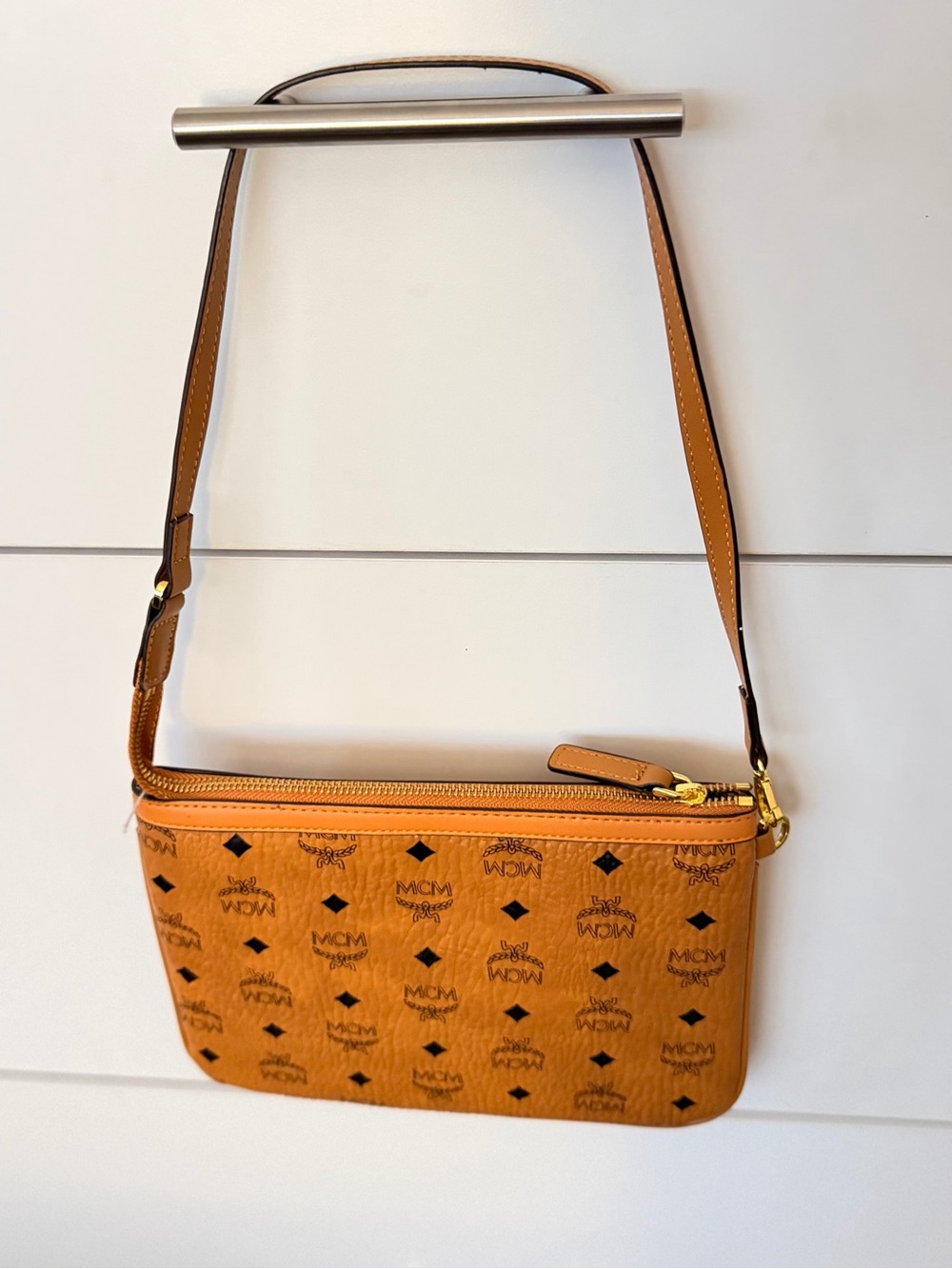 MCM Tan Visetos Logo Crossbody Bag with Gold Hardware